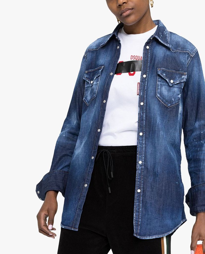 DSQUARED2 - Áo sơ mi nữ denim tay dài wash bạc bụi bặm