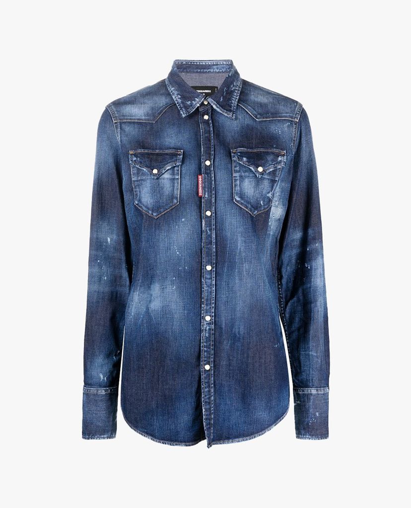 DSQUARED2 - Áo sơ mi nữ denim tay dài wash bạc bụi bặm