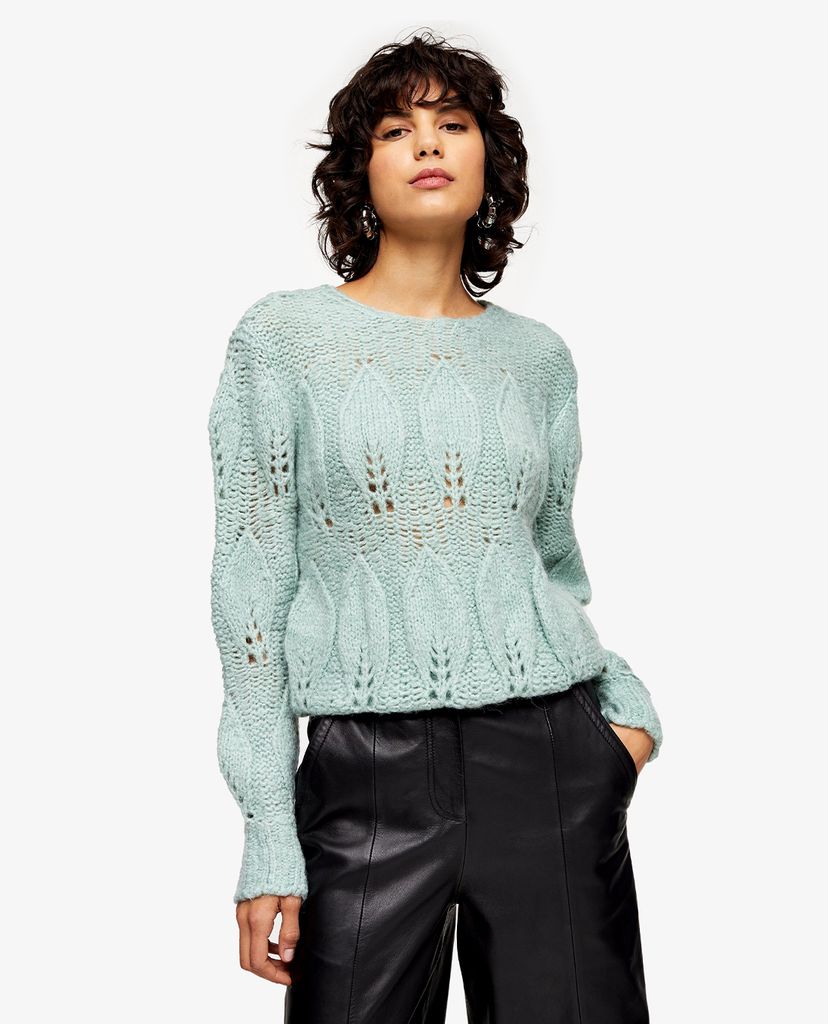 TOPSHOP - Áo lên nữ cổ tròn tay dài Mint Knitted Petal Gauzy