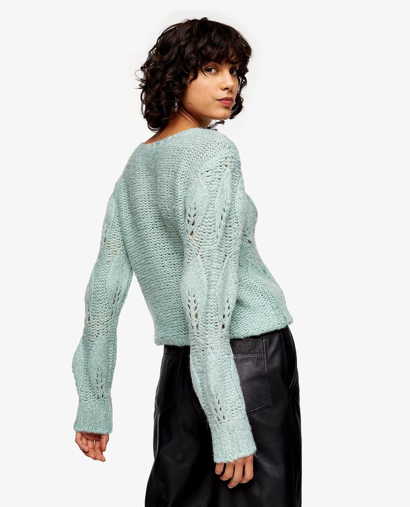 TOPSHOP - Áo lên nữ cổ tròn tay dài Mint Knitted Petal Gauzy