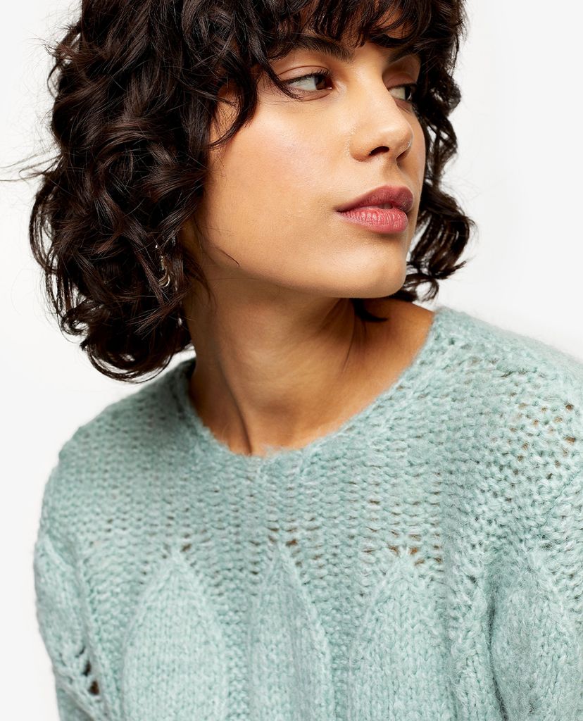 TOPSHOP - Áo lên nữ cổ tròn tay dài Mint Knitted Petal Gauzy