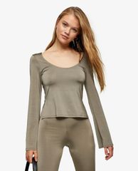 TOPSHOP - Áo kiểu nữ tay dài cổ tròn Olive Green Long Sleeve Satin