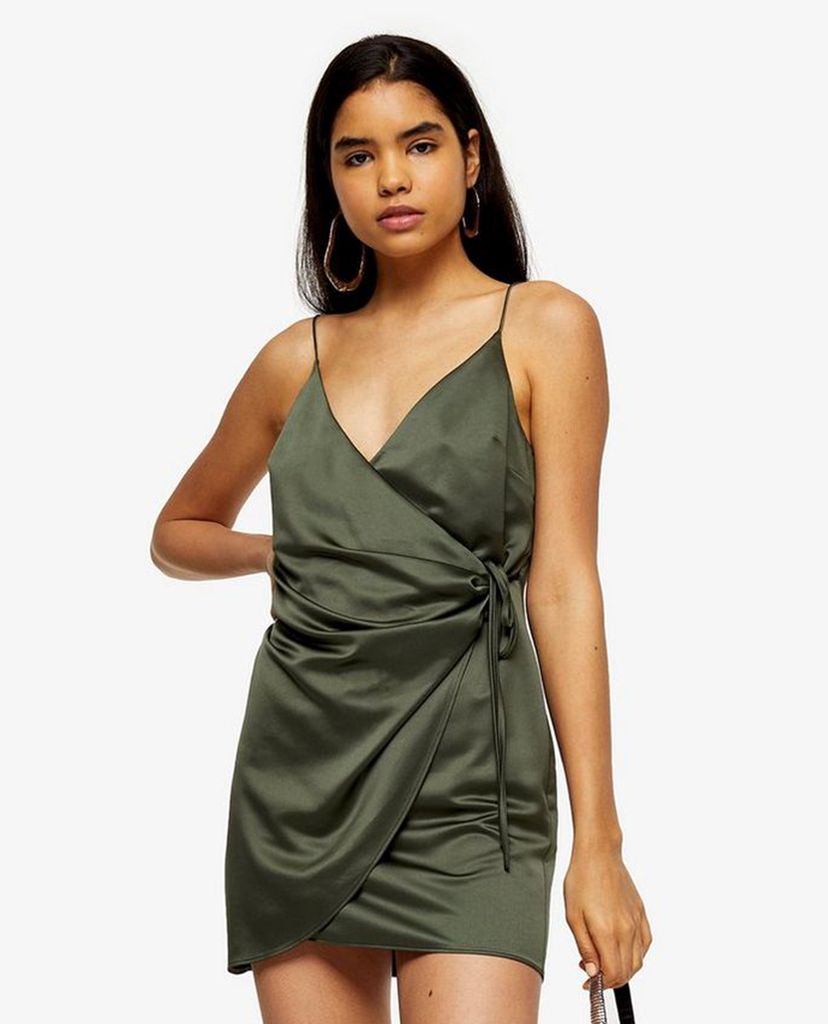 TOPSHOP - Đầm mini hai dây cổ V Olive Satin Wrap Slip