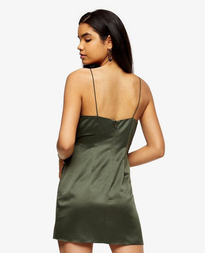 TOPSHOP - Đầm mini hai dây cổ V Olive Satin Wrap Slip