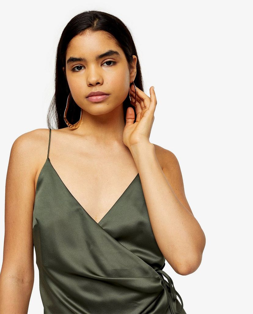 TOPSHOP - Đầm mini hai dây cổ V Olive Satin Wrap Slip
