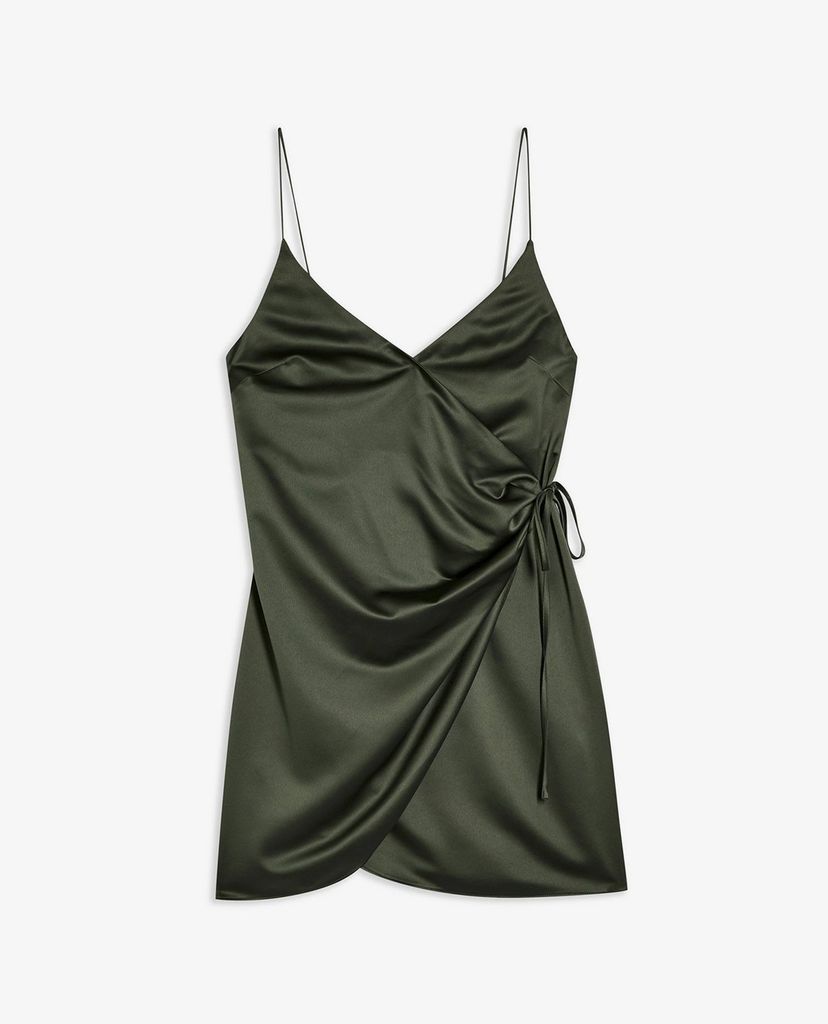 TOPSHOP - Đầm mini hai dây cổ V Olive Satin Wrap Slip