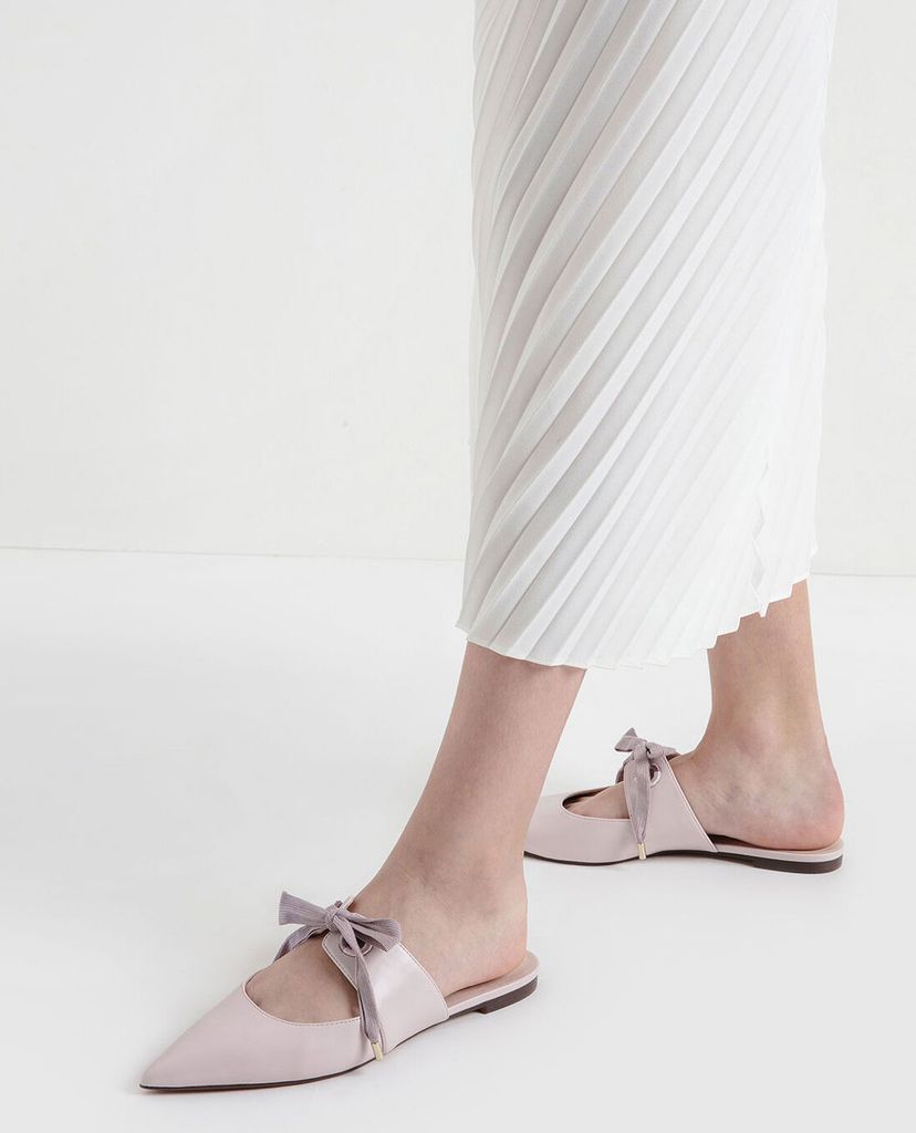 CHARLES & KEITH - Giày đế bệt Bow Strap Textured Pointed Toe