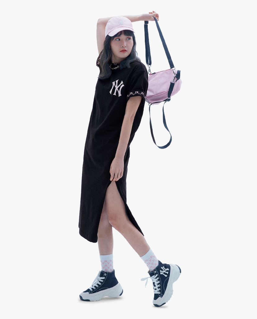 MLB - Đầm midi nữ ngắn tay cổ tròn Logo Basic