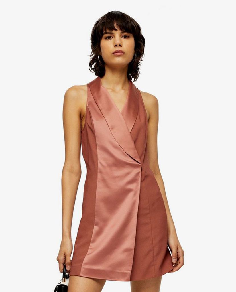 TOPSHOP - Đầm mini cổ V không tay Copper Pink Satin