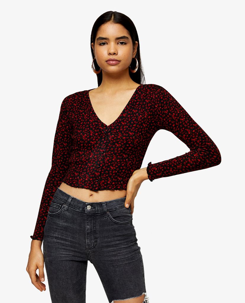 TOPSHOP - Áo cardigan nữ tay dài Rose Print Ribbed