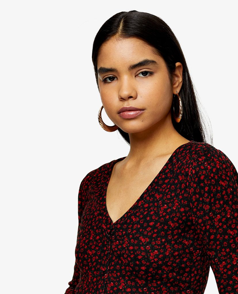 TOPSHOP - Áo cardigan nữ tay dài Rose Print Ribbed