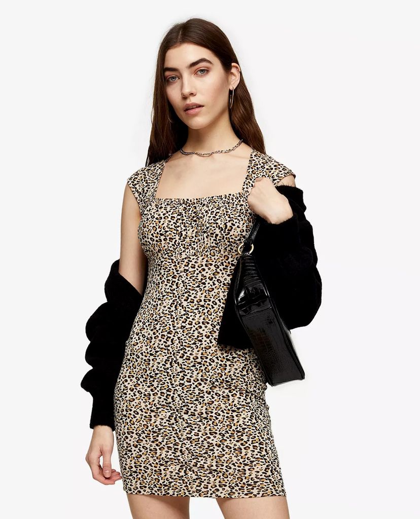 TOPSHOP - Đầm mini cổ vuông Leopard Print Bodycon