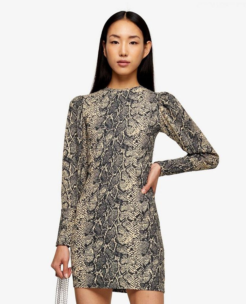TOPSHOP - Đầm mini cổ tròn tay dài phom ôm Snake Crinkle