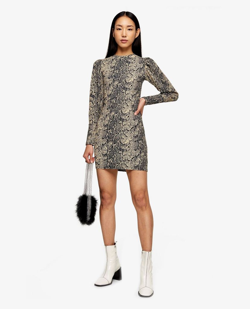 TOPSHOP - Đầm mini cổ tròn tay dài phom ôm Snake Crinkle