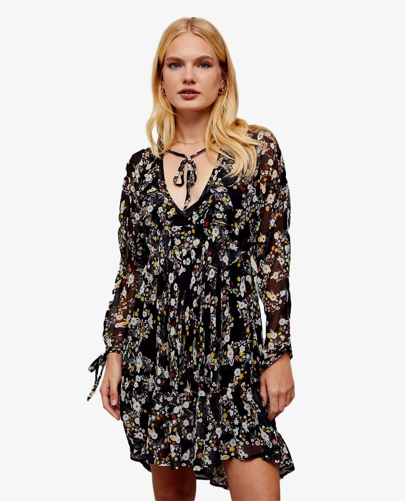 TOPSHOP - Đầm mini cổ V tay dài Floral Print Ruffle