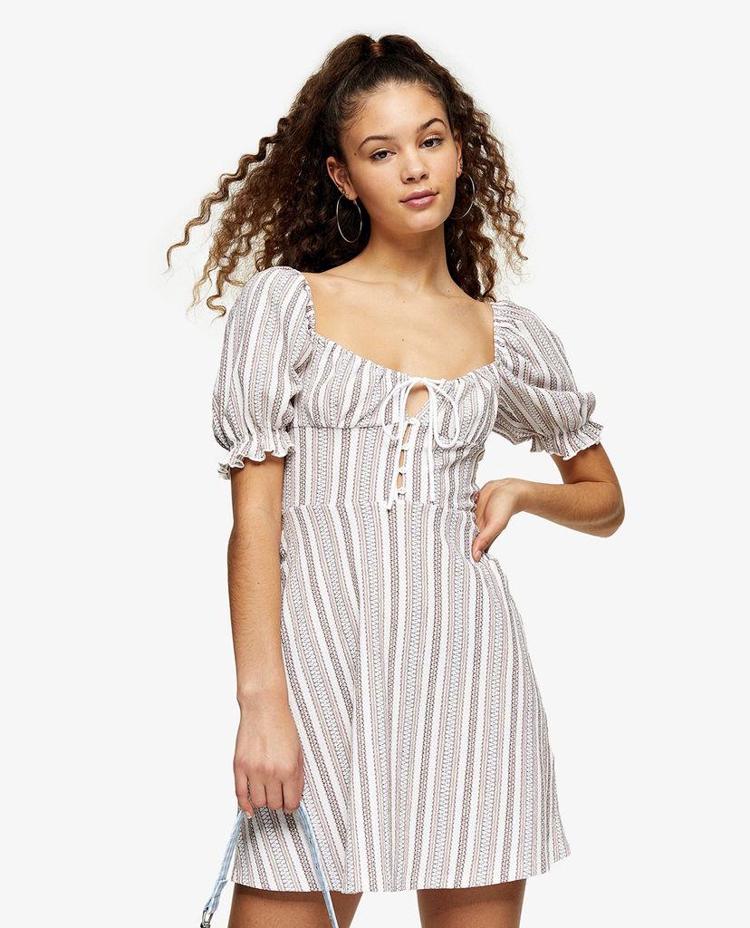 TOPSHOP - Đầm mini tay ngắn cổ vuông phối dây Textured Stripe Tea