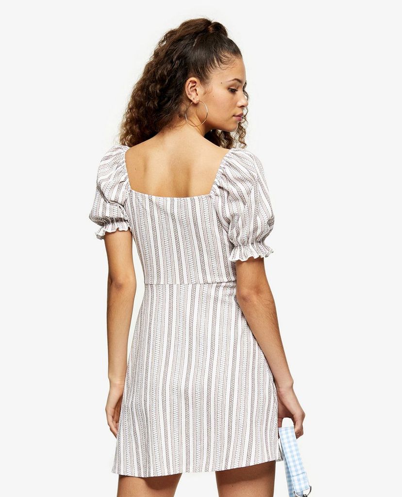 TOPSHOP - Đầm mini tay ngắn cổ vuông phối dây Textured Stripe Tea
