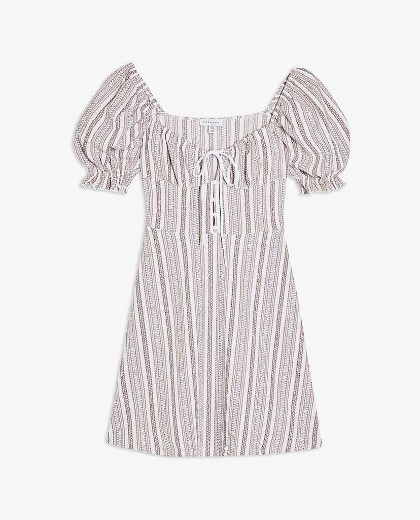TOPSHOP - Đầm mini tay ngắn cổ vuông phối dây Textured Stripe Tea