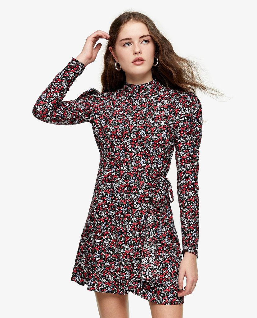 TOPSHOP - Đầm mini cổ trụ tay dài Floral Print Wrap
