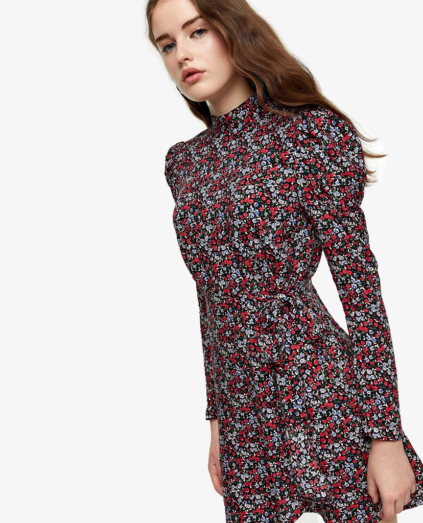 TOPSHOP - Đầm mini cổ trụ tay dài Floral Print Wrap