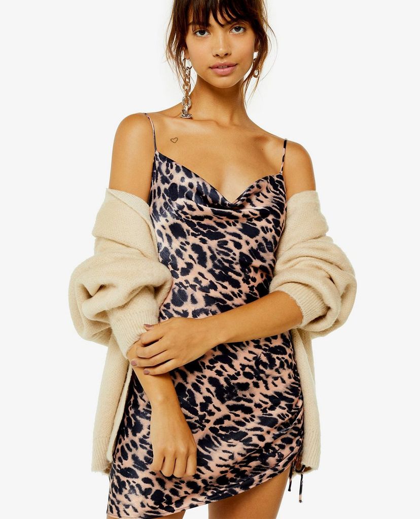 TOPSHOP - Đầm mini hai dây cổ đổ Animal Print Ruched Satin Slip