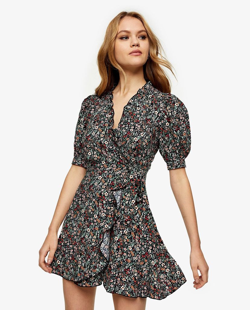 TOPSHOP - Đầm mini cổ V tay ngắn Ditsy Floral Print Wrap