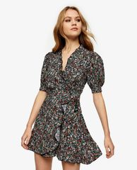 TOPSHOP - Đầm mini cổ V tay ngắn Ditsy Floral Print Wrap