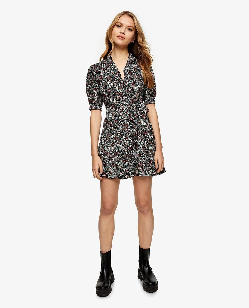 TOPSHOP - Đầm mini cổ V tay ngắn Ditsy Floral Print Wrap