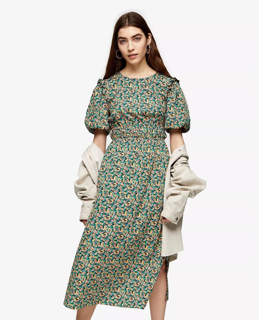 TOPSHOP - Đầm midi xẻ tà Multicoloured Puff Sleeve Frill