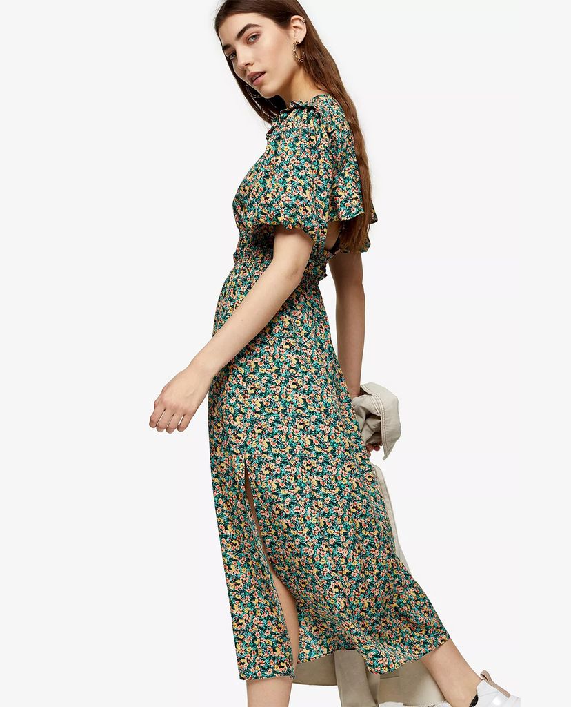 TOPSHOP - Đầm midi xẻ tà Multicoloured Puff Sleeve Frill