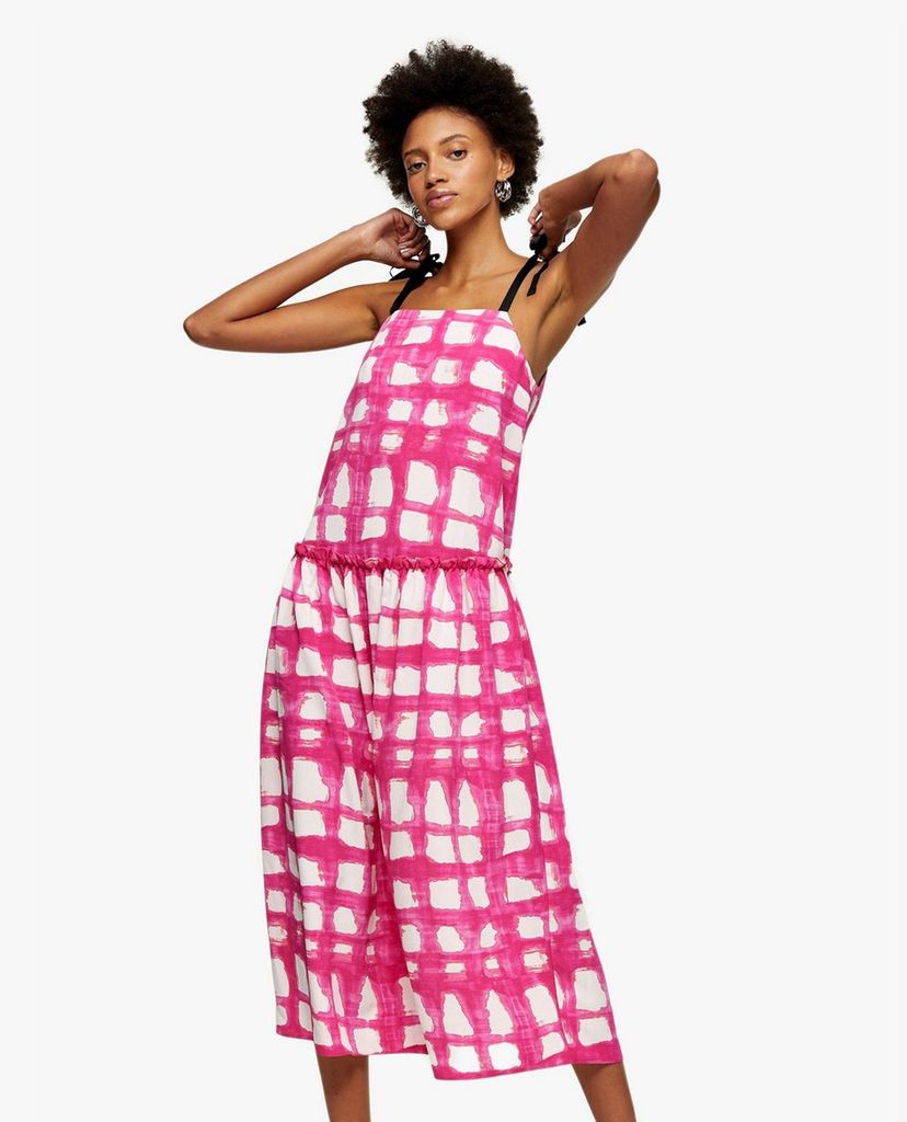 TOPSHOP - Đầm midi hai dây Pink Check Tie Tiered Drop Waist