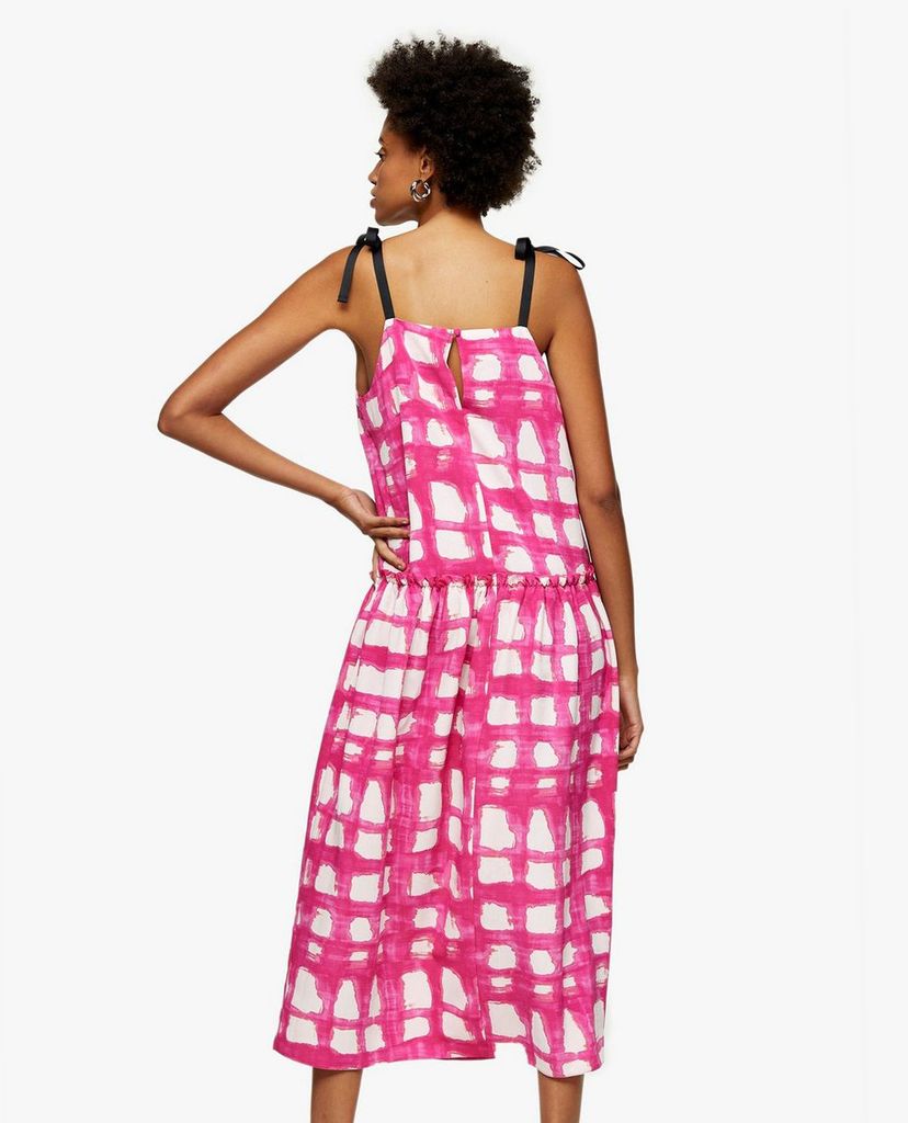 TOPSHOP - Đầm midi hai dây Pink Check Tie Tiered Drop Waist