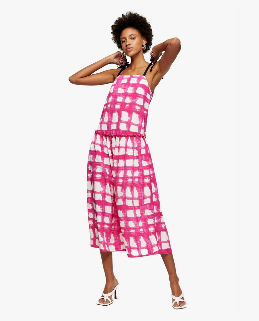 TOPSHOP - Đầm midi hai dây Pink Check Tie Tiered Drop Waist