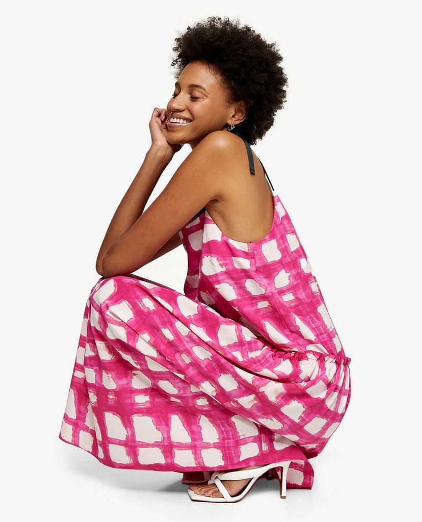 TOPSHOP - Đầm midi hai dây Pink Check Tie Tiered Drop Waist