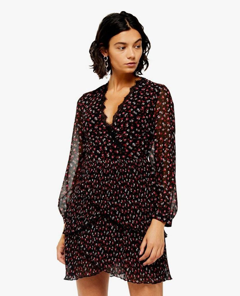 TOPSHOP - Đầm mini cổ chữ V Pleated Ruffle Floral