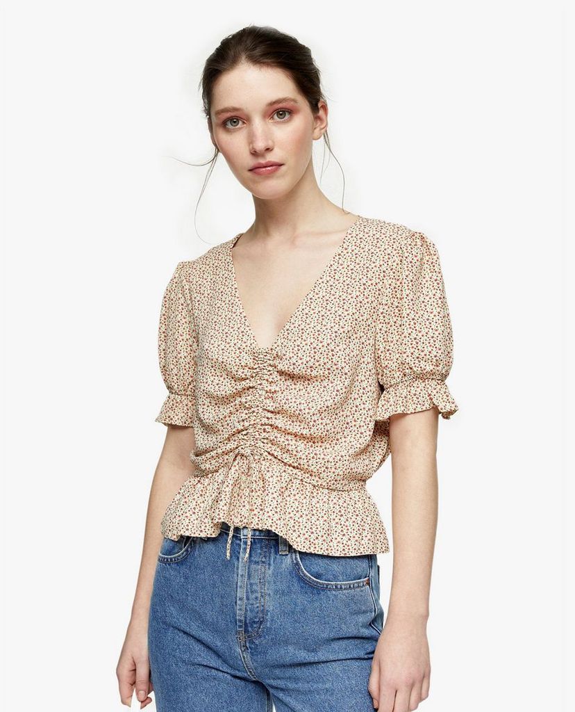 TOPSHOP - Áo kiểu nữ cổ V tay ngắn Ditsy Print Ruched
