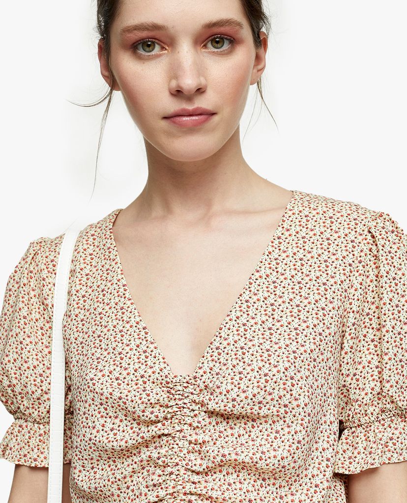 TOPSHOP - Áo kiểu nữ cổ V tay ngắn Ditsy Print Ruched
