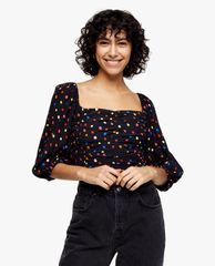 TOPSHOP - Áo croptop nữ cổ vuông tay phồng Polka Dot