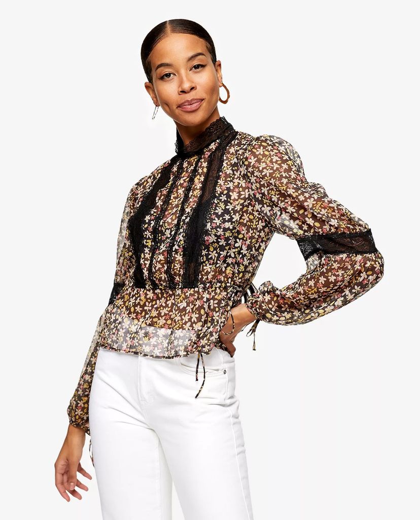 TOPSHOP - Áo kiểu nữ cổ trụ tay dài Lace Insert Floral Print