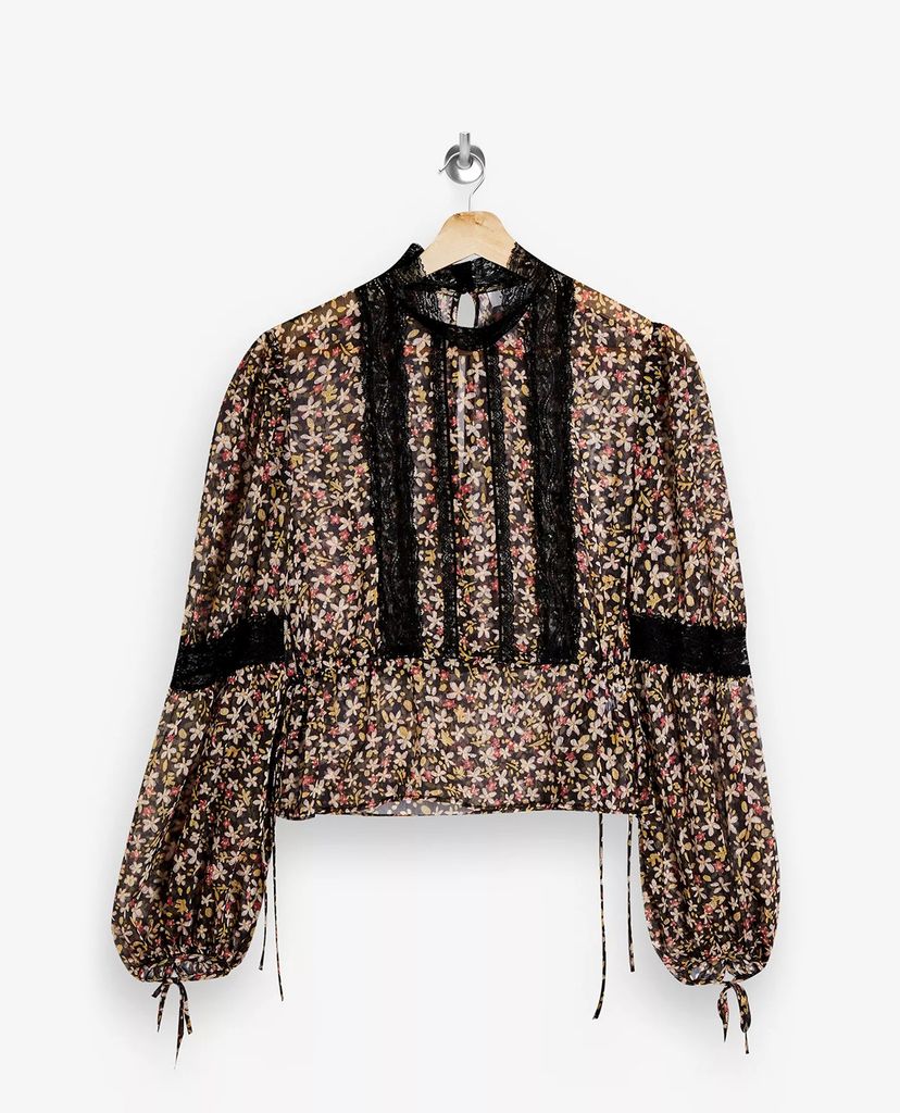 TOPSHOP - Áo kiểu nữ cổ trụ tay dài Lace Insert Floral Print