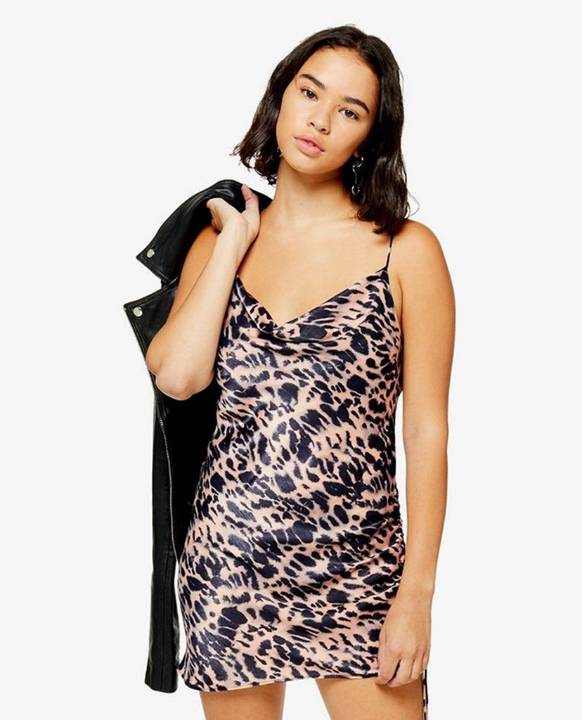 TOPSHOP - Đầm mini hai dây cổ đổ PETITE Animal Print Ruched