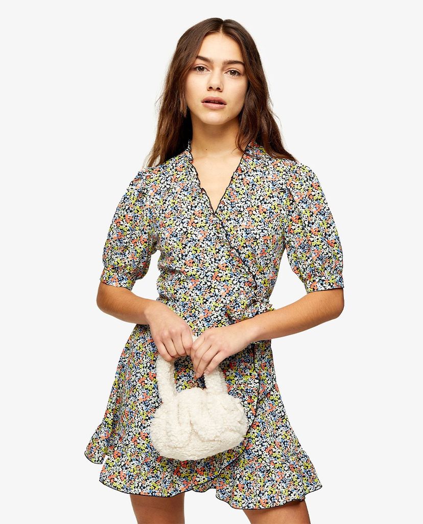 TOPSHOP - Đầm mini cổ V tay ngắn PETITE Floral Print Wrap