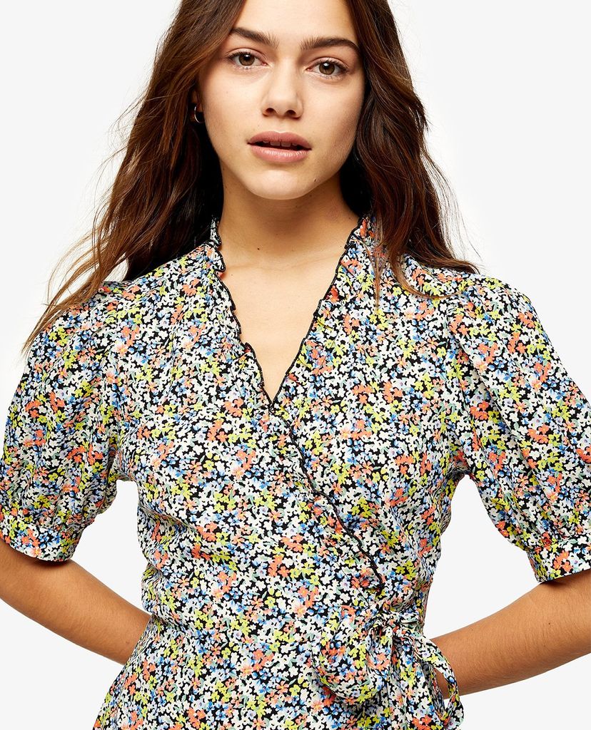 TOPSHOP - Đầm mini cổ V tay ngắn PETITE Floral Print Wrap