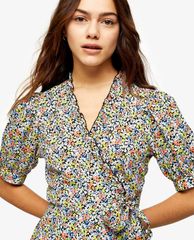 TOPSHOP - Đầm mini cổ V tay ngắn PETITE Floral Print Wrap