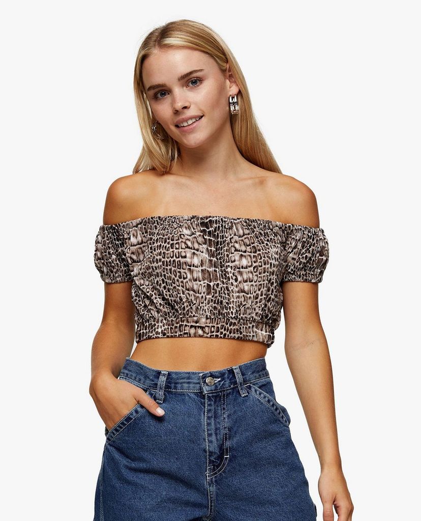 TOPSHOP - Áo croptop bẹt vai PETITE Crocodile Plisse