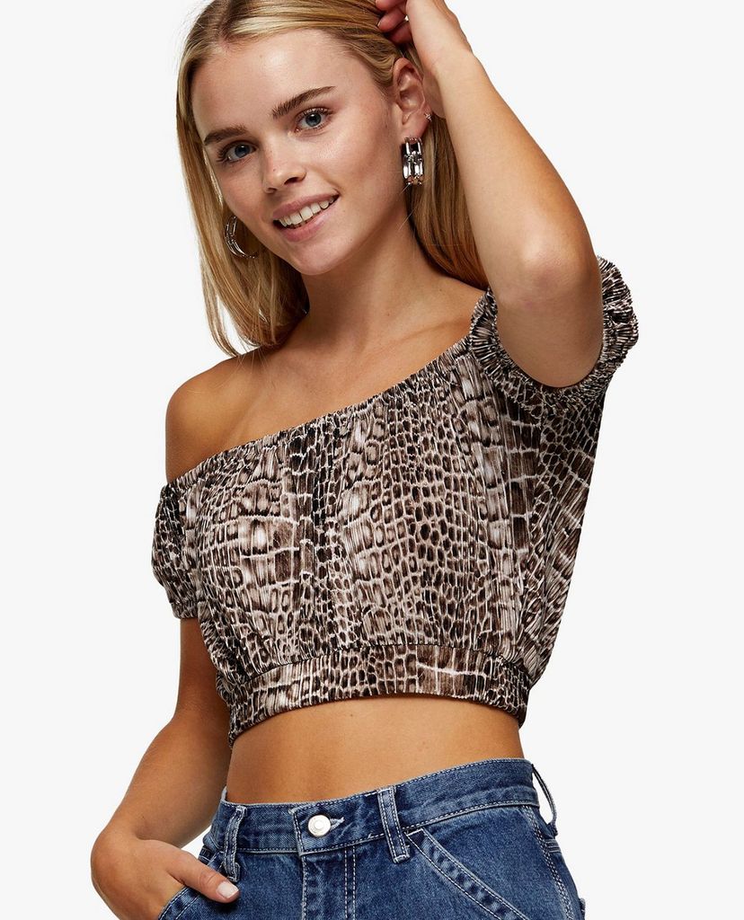 TOPSHOP - Áo croptop bẹt vai PETITE Crocodile Plisse