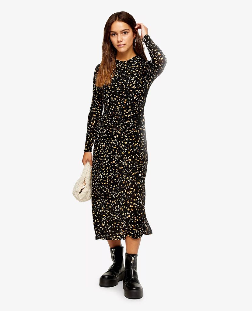 TOPSHOP - Đầm midi tay dài PETITE Print Ruched Front