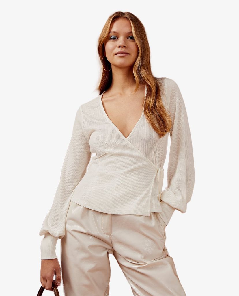 TOPSHOP - Áo kiểu nữ tay dài cổ V Ivory Belted Ribbed