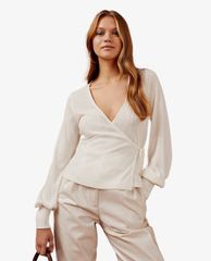 TOPSHOP - Áo kiểu nữ tay dài cổ V Ivory Belted Ribbed