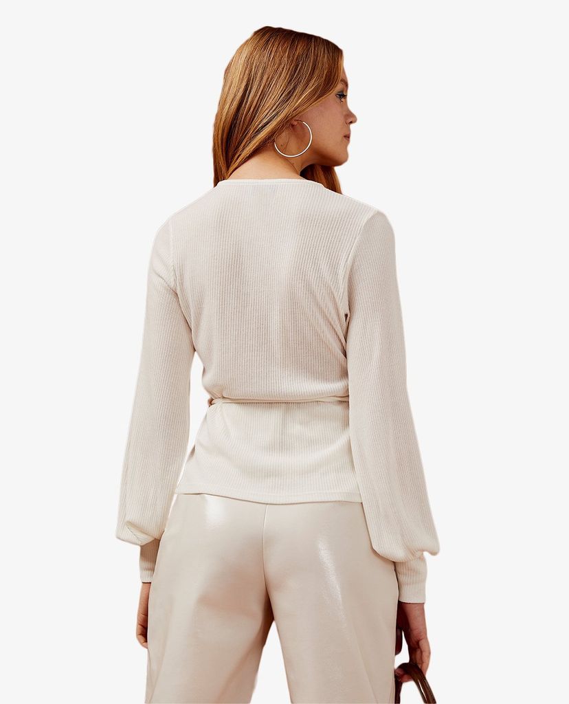 TOPSHOP - Áo kiểu nữ tay dài cổ V Ivory Belted Ribbed